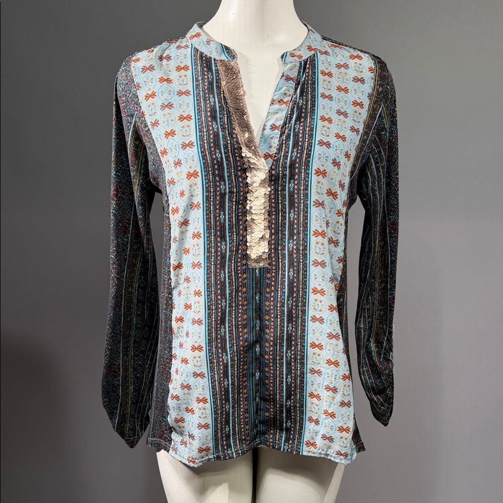 Chic Patterned Blouse - Light Blue and Brown (rack11)